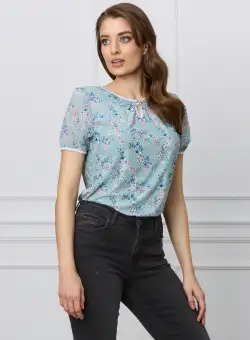 Bluza Adina verde mint cu floricele roz