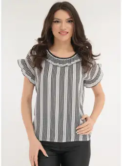 Bluza alba cu dungi si volanas la decolteu