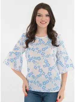 Bluza alba din bumbac cu flori bleu