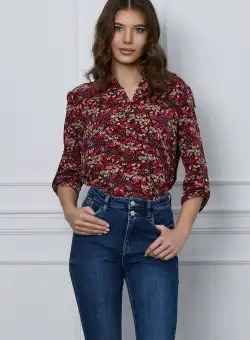 Bluza Andia cu flori rosii si nasturi la bust