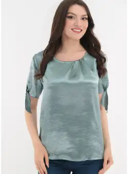 Bluza aqua din satin cu fundite la maneci