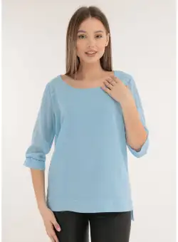 Bluza bleu din voal cu tiv asimetric