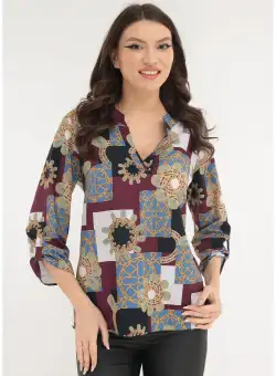 Bluza cu guler tunica si imprimeu abstract bleu-bordo