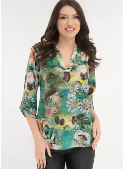 Bluza cu guler tunica si print floral maxi alb-vernil