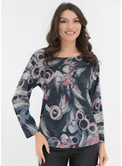Bluza din jerse bleumarin cu print abstract roz-gri