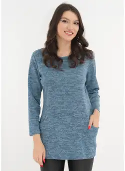Bluza din jerse moale bleu cu buzunare