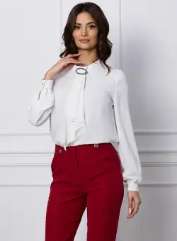 Bluza Dy Fashion alba cu aplicatie tip cravata si inel metalic