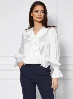 Bluza Dy Fashion alba din satin cu volanas pe bust