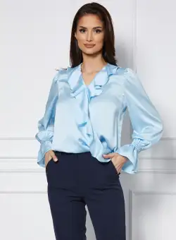 Bluza Dy Fashion bleu din satin cu volanas pe bust