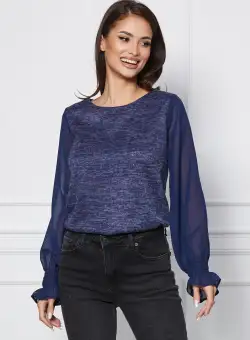 Bluza Dy Fashion bleumarin din jerse cu maneci din voal