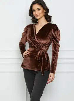 Bluza Dy Fashion maro din catifea cu accosorii pe umeri