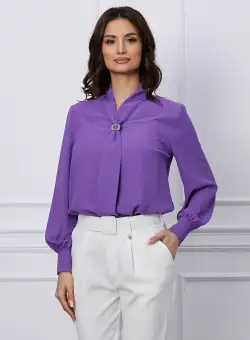 Bluza Dy Fashion mov cu aplicatie tip esarfa si decolteu in V