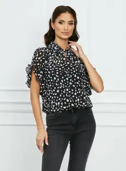 Bluza Dy Fashion neagra cu picatele si volanase la maneci