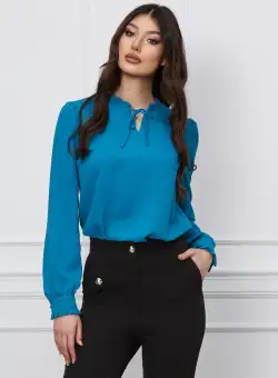 Bluza Dy Fashion turcoaz cu volanase la maneci si guler