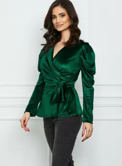 Bluza Dy Fashion verde din catifea cu accesorii pe umeri