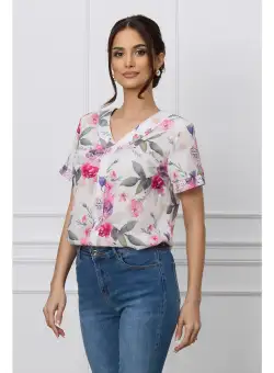 Bluza Gina alba cu imprimeuri florale roz