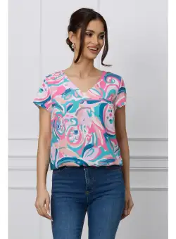 Bluza Iuliana cu imprimeuri roz si turcoaz