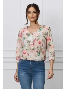 Bluza Mara alba cu trandafiri roz si funda la bust