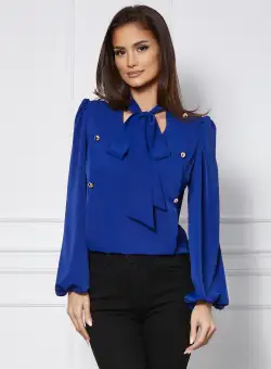 Bluza MBG albastra cu nasturi decorativi si guler tip esarfa