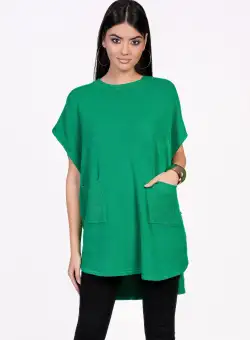 Bluza Mona tip poncho verde din tricot cu buzunare