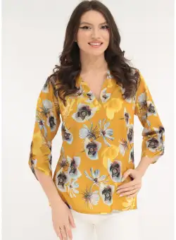 Bluza mustar cu guler tunica si flori maxi albe