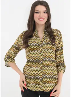 Bluza mustar cu print violet in zig-zag