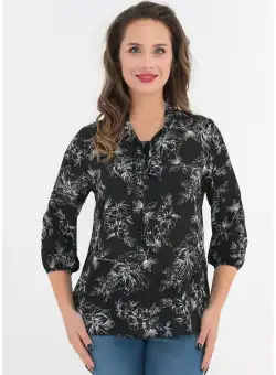 Bluza neagra cu fundita si print floral alb
