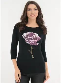Bluza neagra cu imprimeu floral maxi lila si insertii aurii