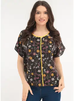 Bluza neagra cu print floral si banda satinata mustar