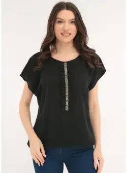 Bluza neagra din panza topita cu volanas frontal decorativ