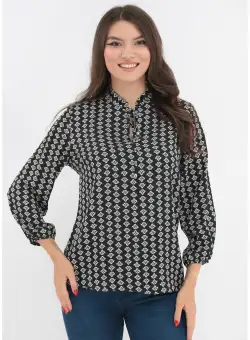 Bluza neagra din vascoza cu imprimeu abstract crem