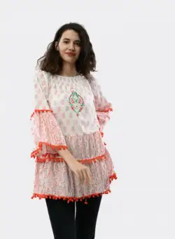 Bluza Rochie tunica brodata cu imprimeu si ciucuri