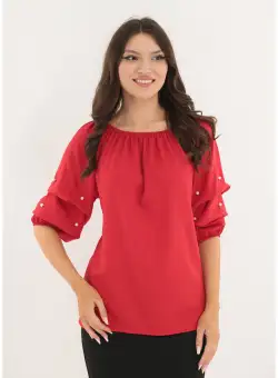 Bluza rosie cu maneci bufante si perlute