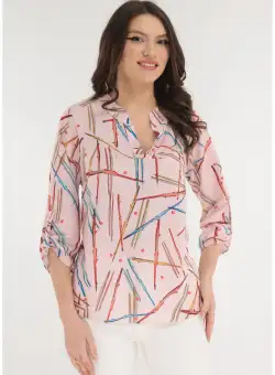 Bluza roz cu guler tunica si imprimeu abstract rosu-albastru