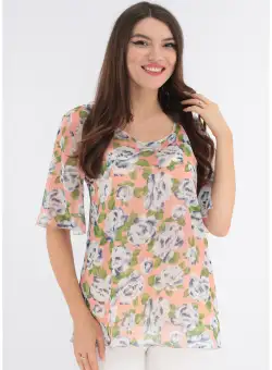 Bluza roz din voal cu print floral maxi