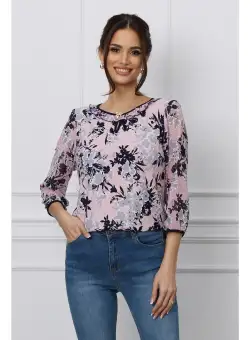 Bluza Simona roz cu imprimeuri bleumarin si gri