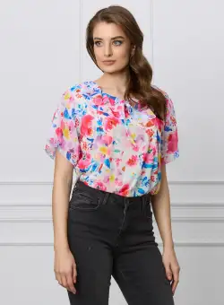 Bluza Sorina alba cu imprimeuri florale roz si albastre