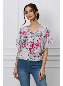 Bluza Sorina gri cu imprimeuri florale magenta