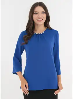 Bluza uni albastra cu perlute la decolteu