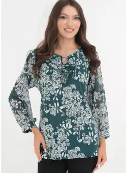 Bluza verde cu print floral alb si volanase la decolteu