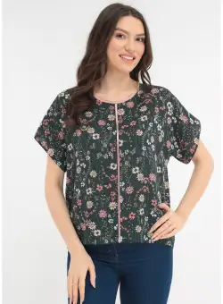 Bluza verde cu print floral si banda satinata roz