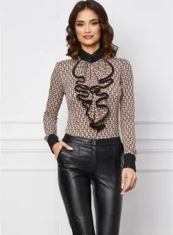 Body MBG bej cu imprimeuri negre si volan la bust