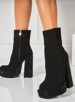 Botine dama Elegante Negre din Piele Ecologica Intoarsa Avya