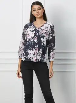 Camasa Adina gri petrol cu imprimeu floral roz