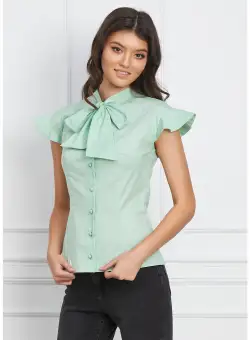 Camasa Dy Fashion verde mint cu funda la bust si volanase la maneci