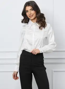 Camasa MBG alba din satin cu broderie si nasture perlat