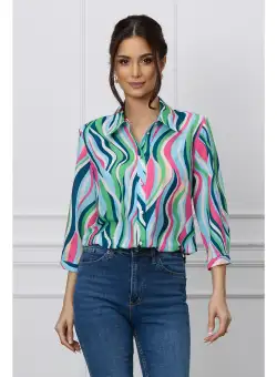 Camasa Mihaela bleu cu imprimeu verde si fucsia