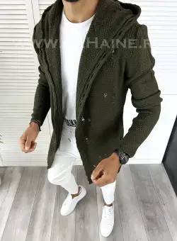 Cardigan barbati kaki cu gluga slim fit ZR T3559 U3-3