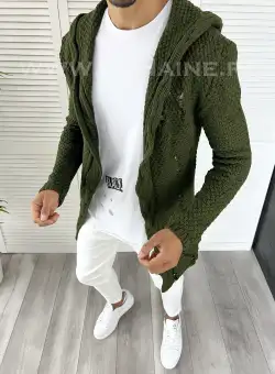 Cardigan barbati kaki cu gluga slim fit ZR T3601 K21