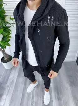 Cardigan barbati negru cu gluga slim fit ZR T3559 S2